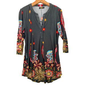 R&B Collection Womens Dress Sz M Tunic Floral Boho Artsy Popover Pockets Resort
